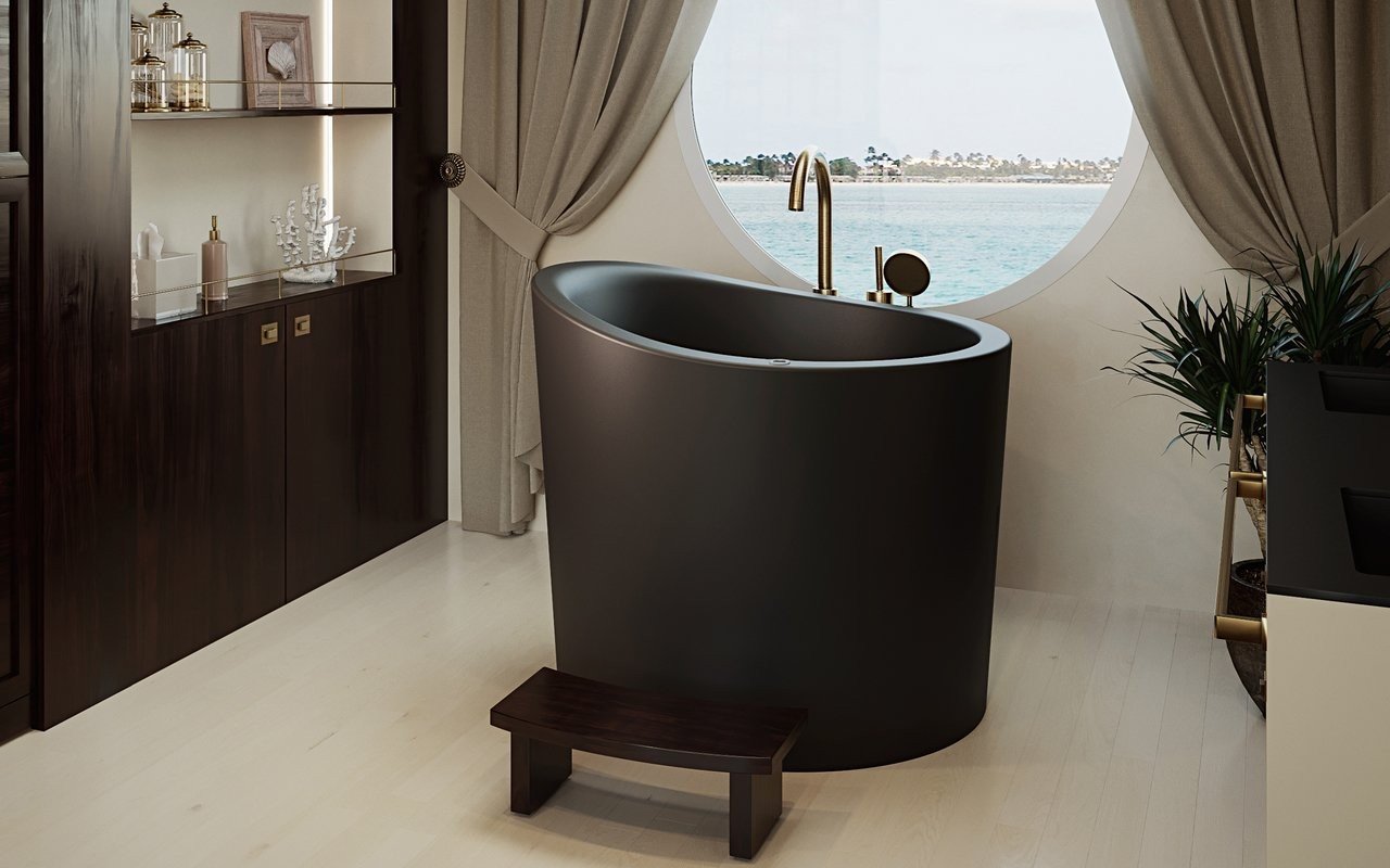 True Ofuro Mini Tranquility, la Vasca da Bagno Giapponese Freestanding con Riscaldamento di Aquatica in pietra NeroX™ – in Nero picture № 0