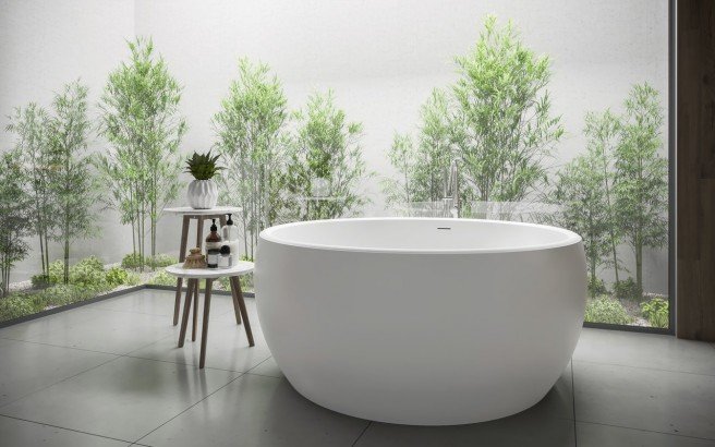 Aura, la vasca da bagno freestanding di Aquatica in pietra AquateX™ – in Bianco