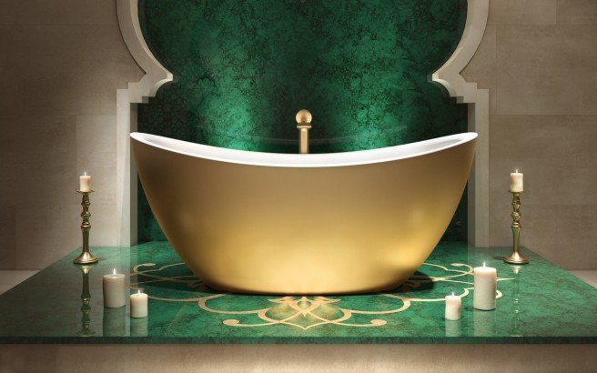 Vasca da bagno autoportante rotonda in Solid Surface bianco oro perla Lillian di Aquatica